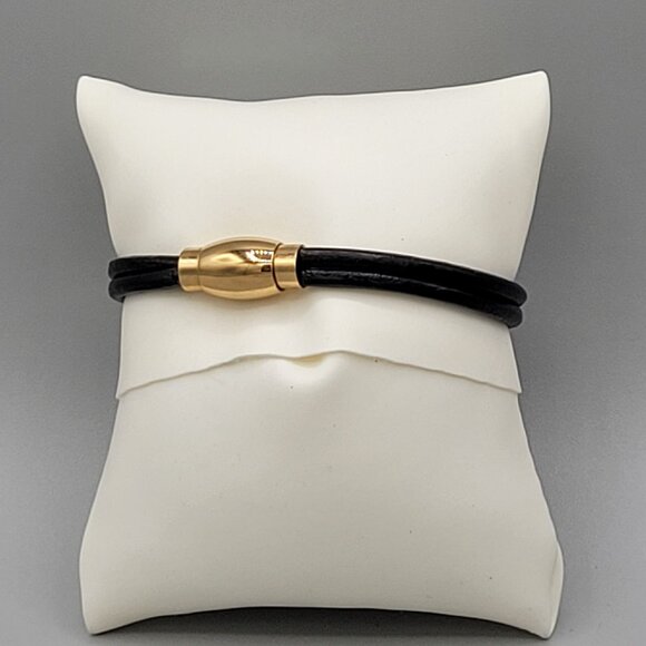 Gold Tone Rings Black Corded Bracelet Crystal Accents Size 5.5 Magnetic Close - Picture 4 of 6